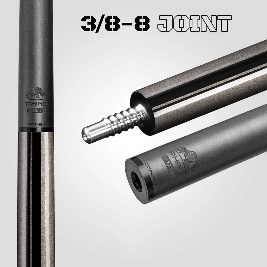 Pool cue joint detail with silver threaded connector and black shaft wrap section.