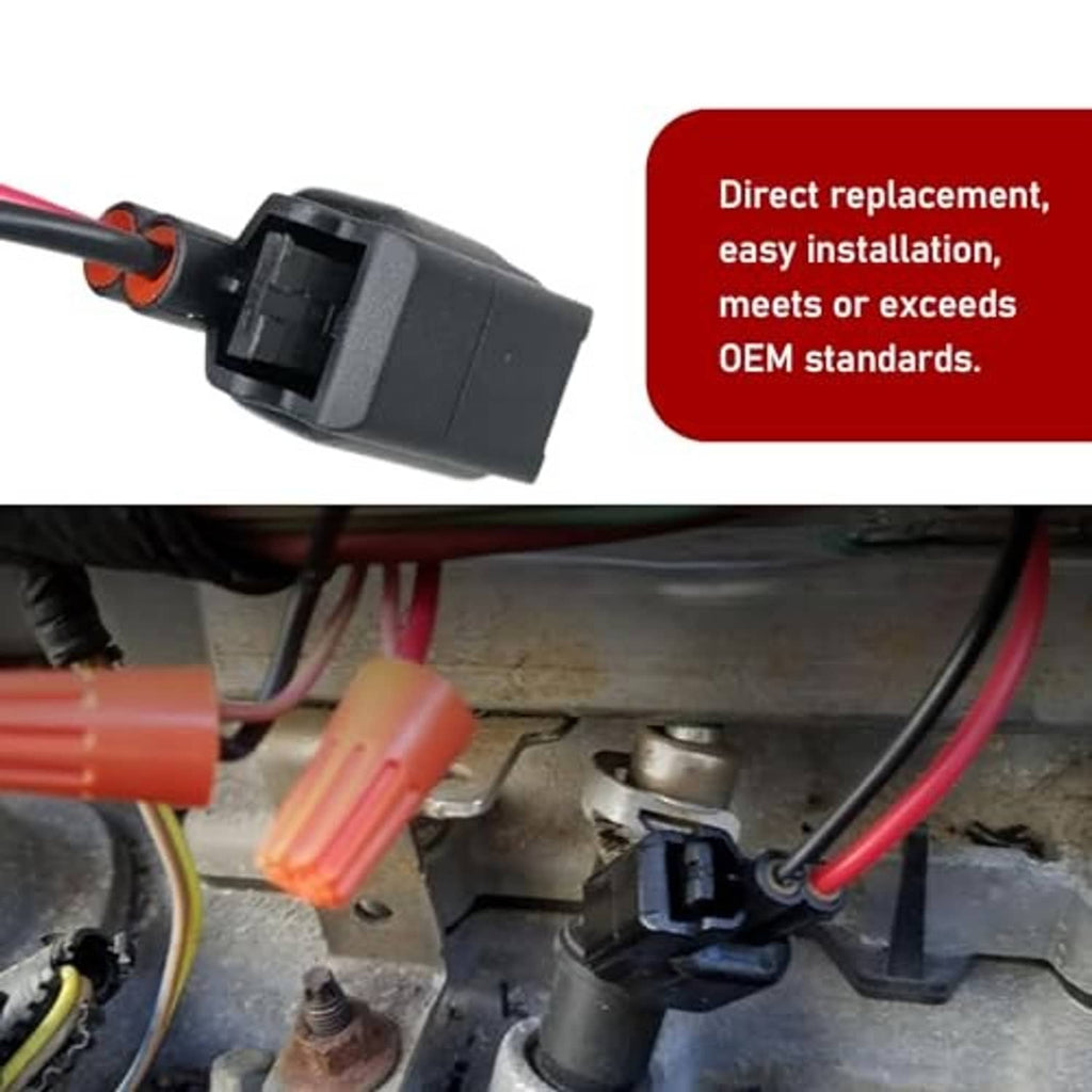 Car injector connector plug with black housing and red dual ports, shown on vehicle