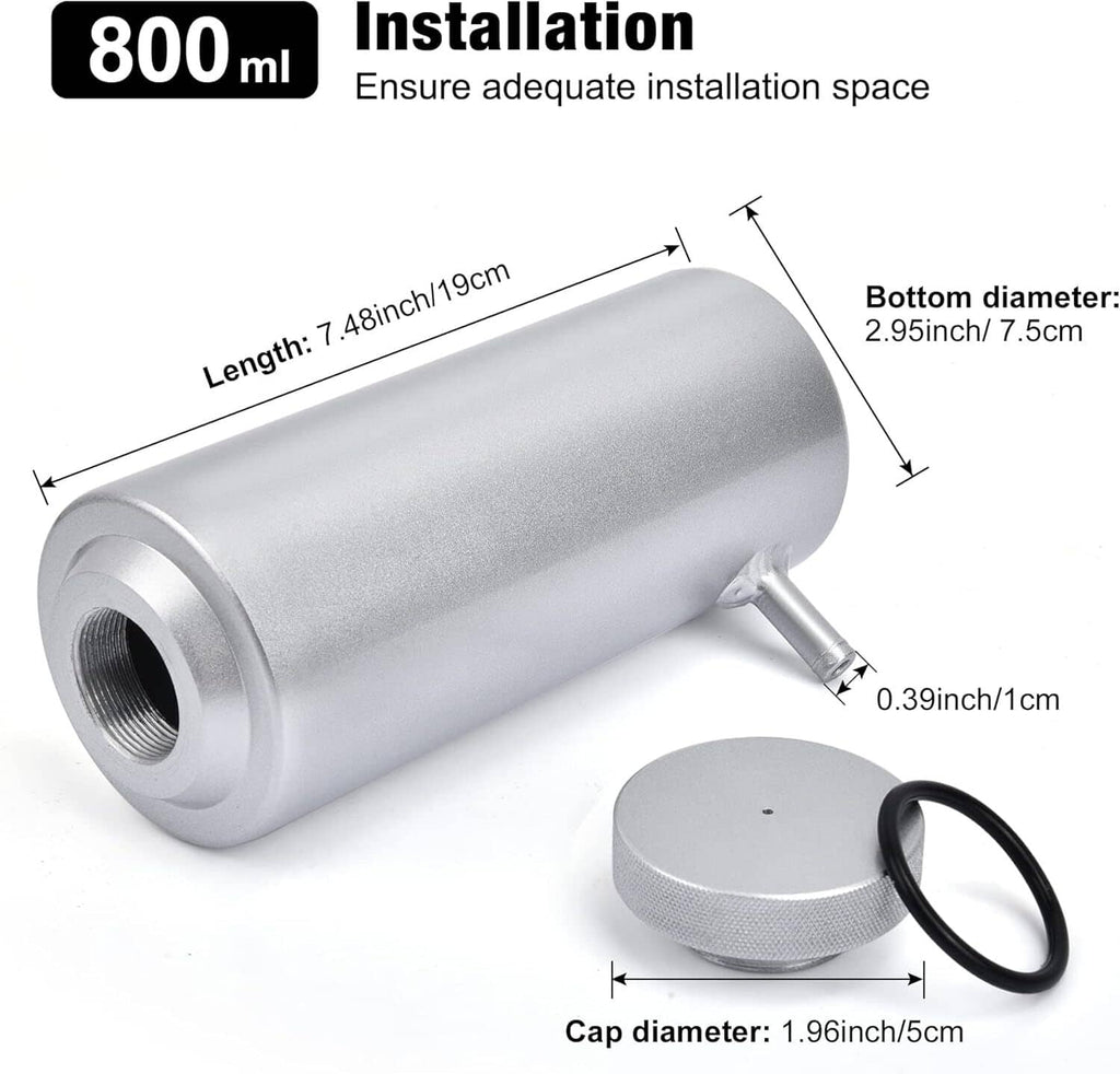 800 ml aluminum coolant catch tank with top cap, side spout, and dimension labels