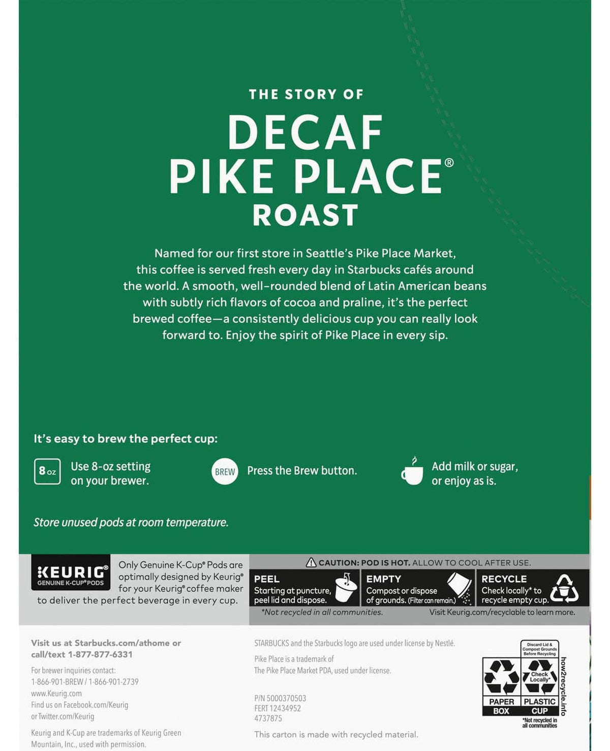 Starbucks Decaf Pike Place K-cup pods box back panel with brewing tips and guidance