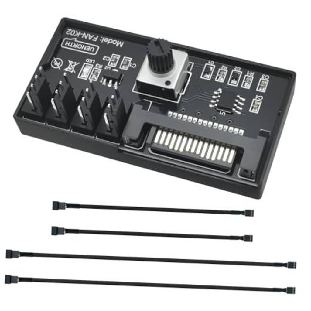 PC PWM fan speed controller hub with speed knob and four 4-pin fan connectors plus cables