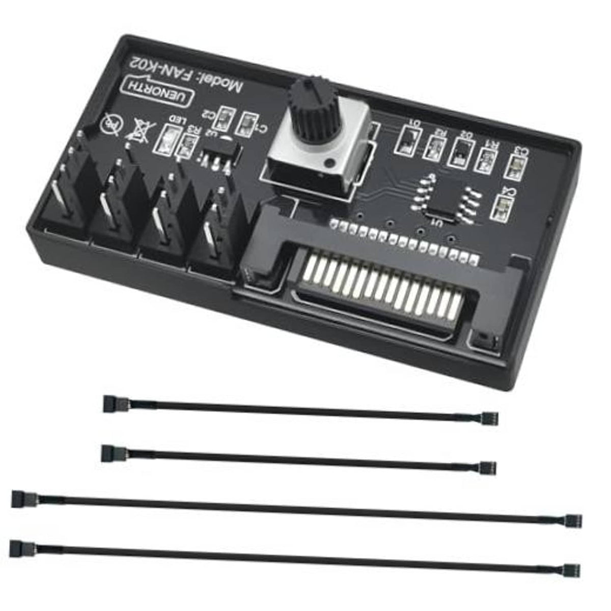 PC PWM fan speed controller hub with speed knob and four 4-pin fan connectors plus cables