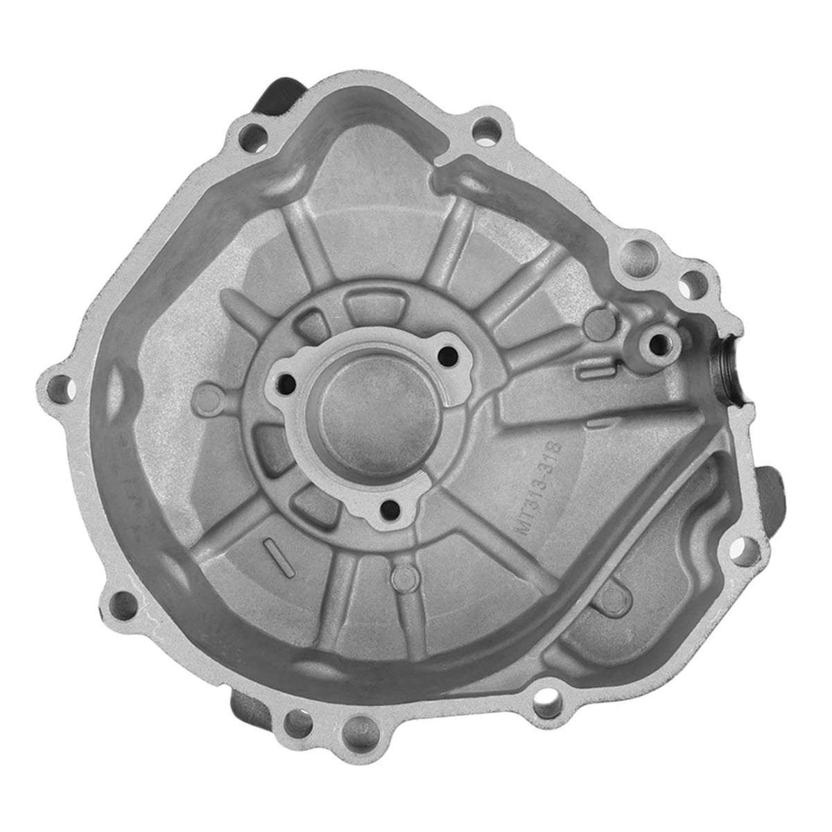 Silver left engine stator cover with circular center and mounting bolt holes