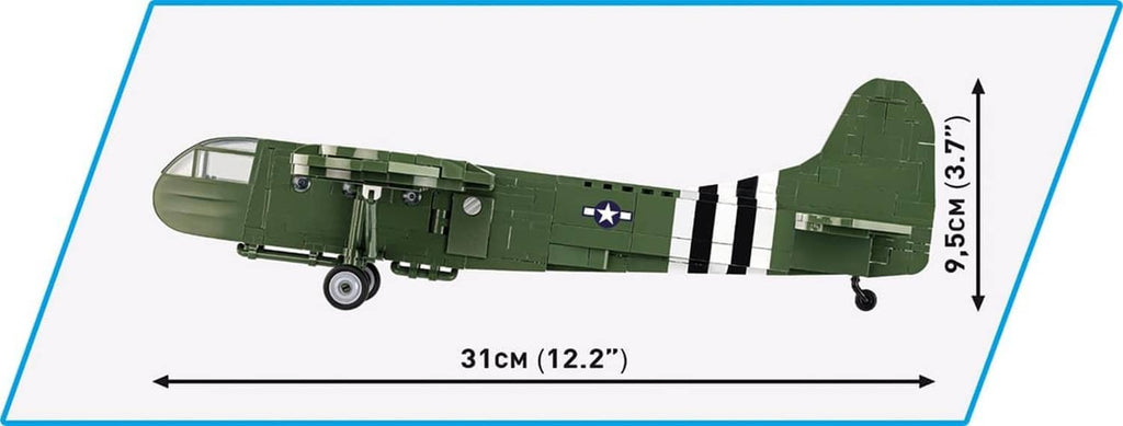Side-view green WACO CG-4 glider model with black-and-white stripes and undercarriage