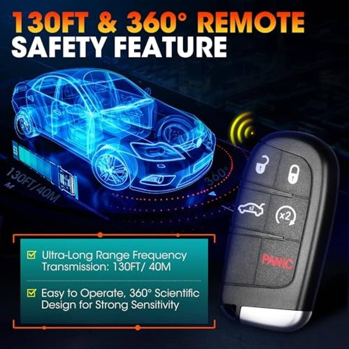 Black 5-button smart key fob with unlock, lock, trunk, remote start, and panic buttons