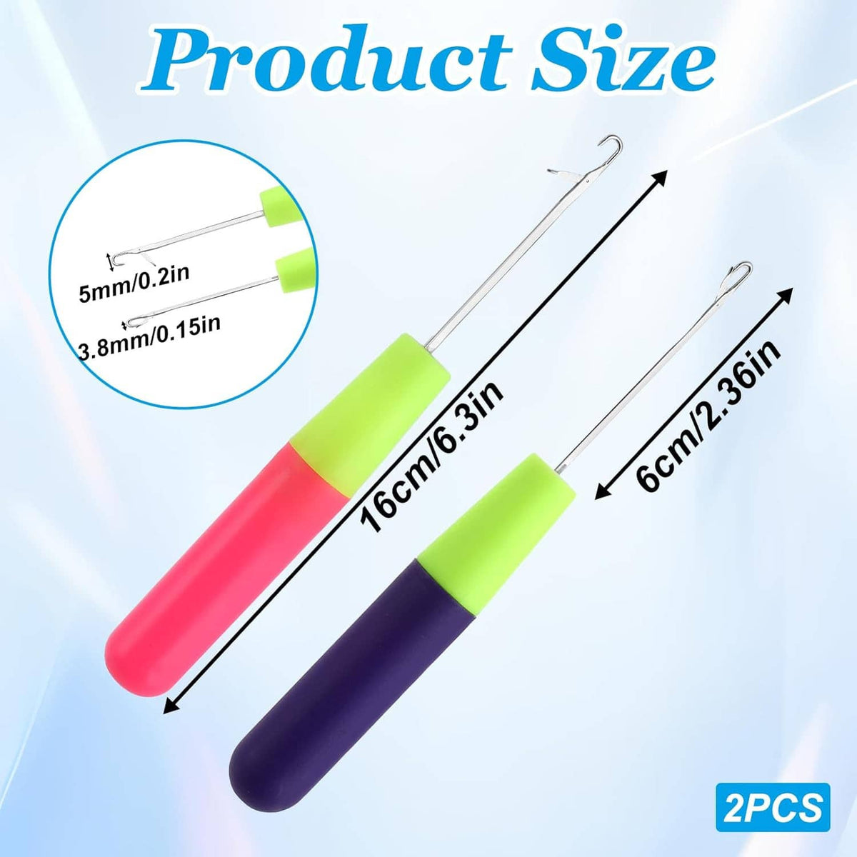 2-pack latch hook crochet needles with neon green handles, pink and purple grips, metal hooks