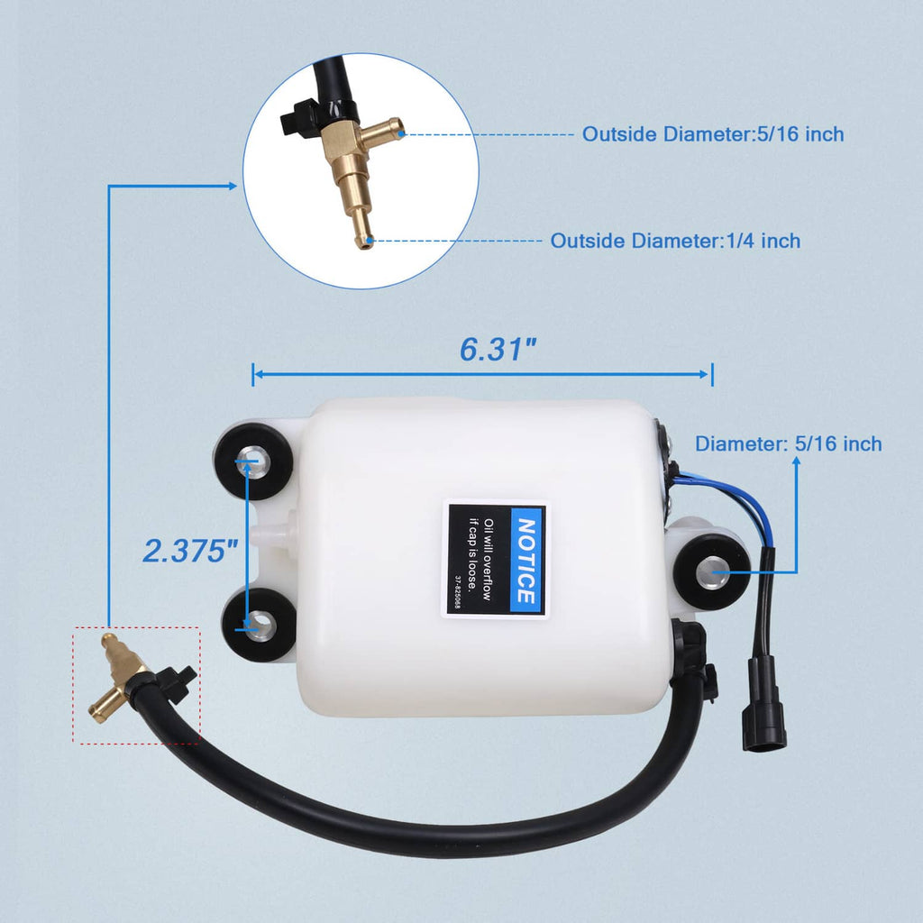 Outboard oil tank assembly with white tank, black cable leads, and two rubber mounting posts