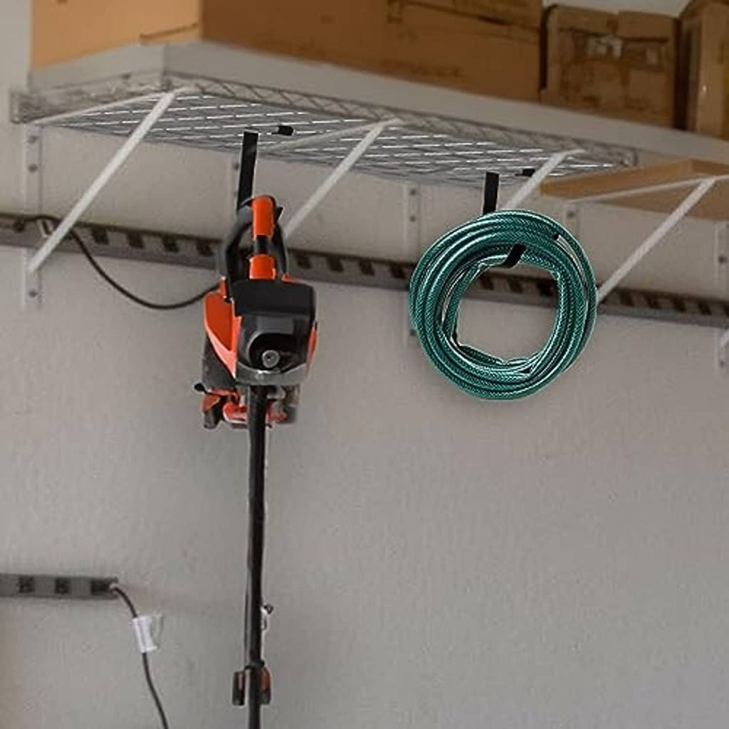 Bike ceiling rack hook holding a wheel on an overhead garage storage system