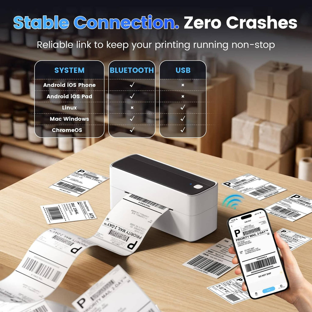 Wireless label printer with printed shipping labels and smartphone showing connection