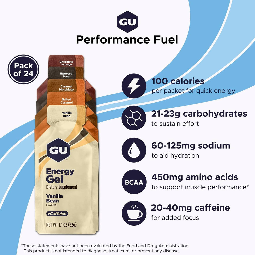 GU Energy gel pouch, vanilla bean, with performance fuel info panel