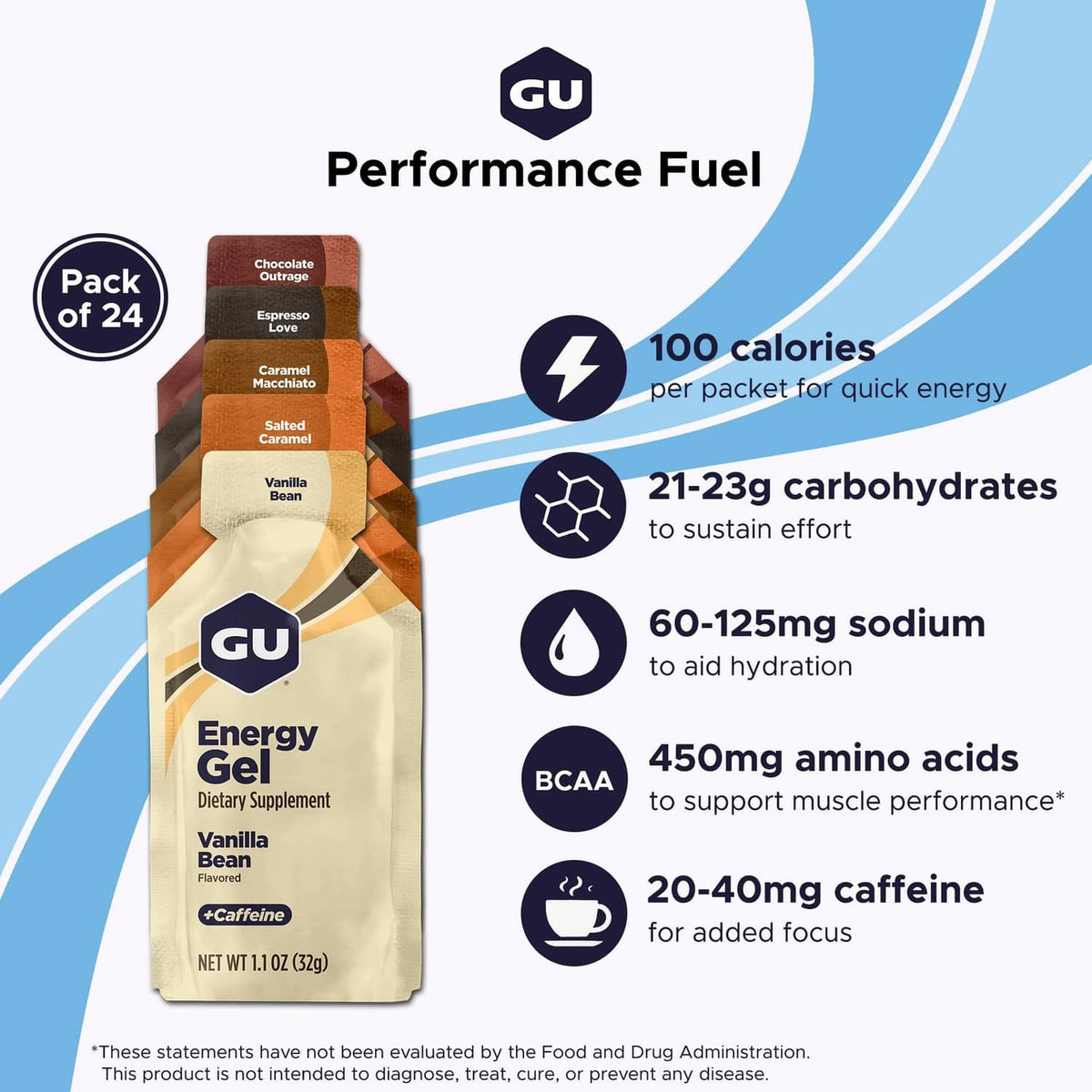 GU Energy gel pouch, vanilla bean, with performance fuel info panel