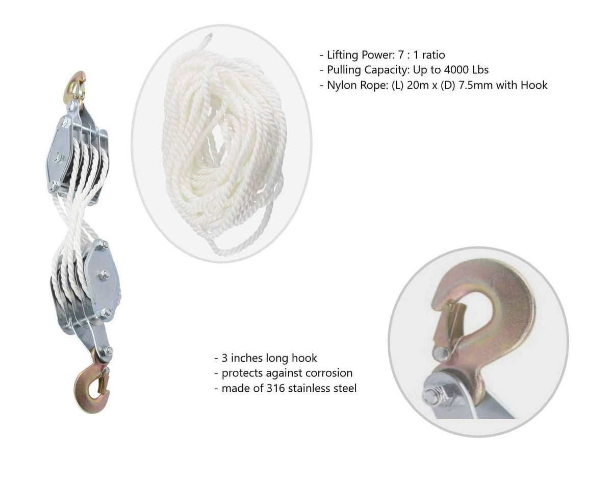 Block and tackle pulley system with white rope coil and stainless hook, detail inset