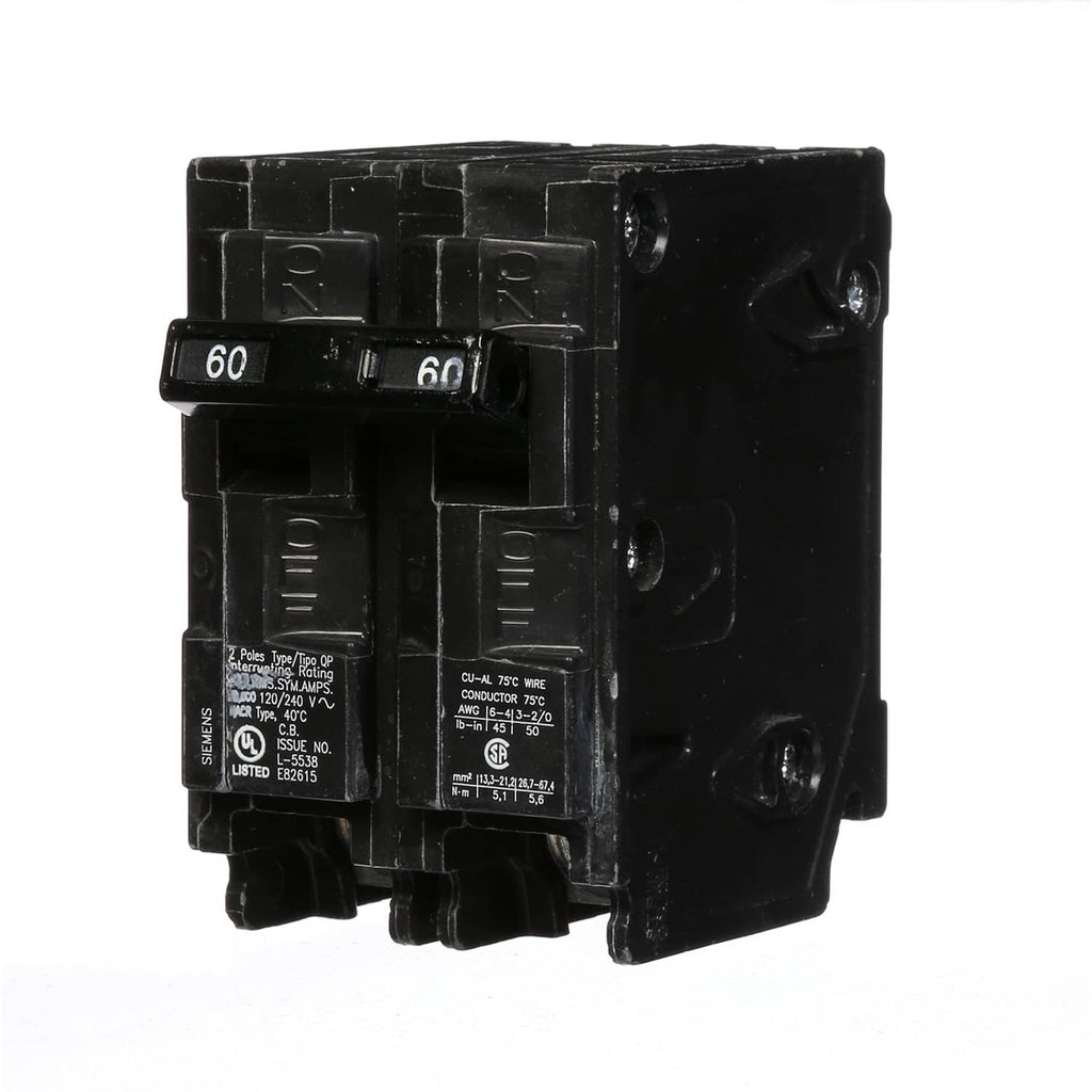 Siemens black double-pole Type QP circuit breaker, 60A, side terminals visible