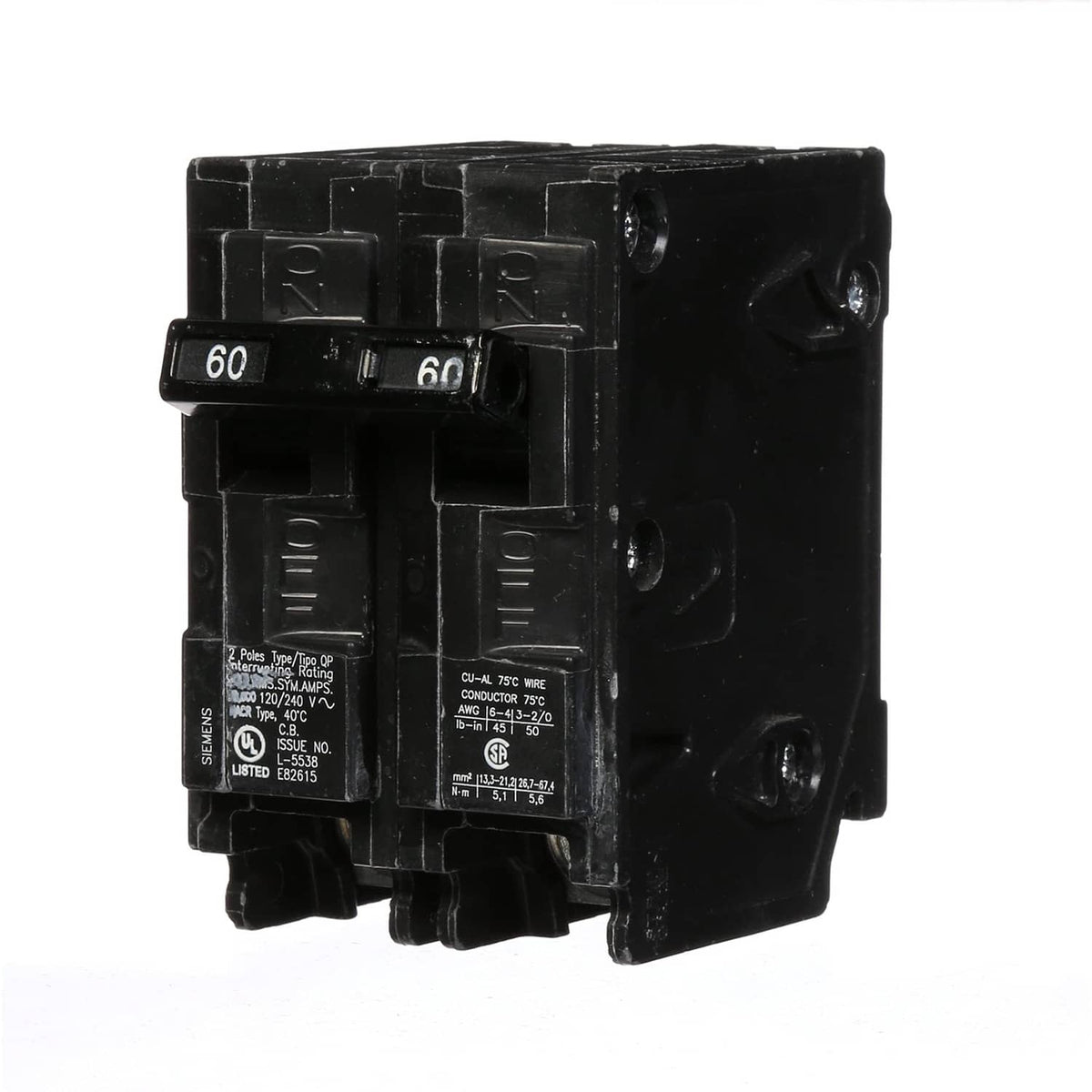 Siemens black double-pole Type QP circuit breaker, 60A, side terminals visible