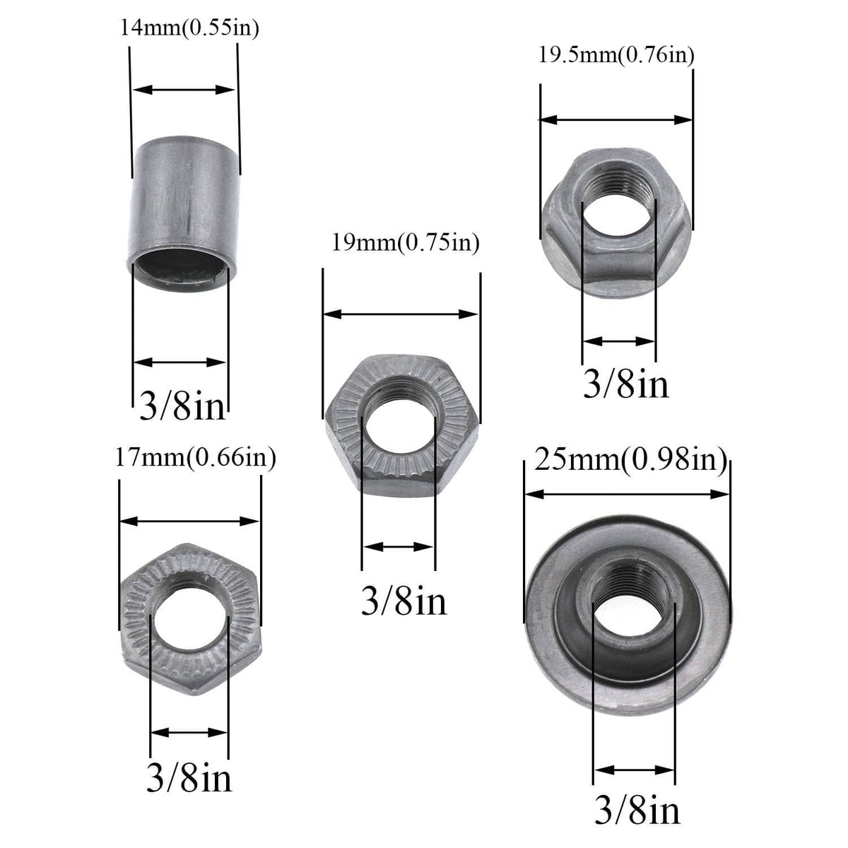 Bike rear hub axle nut and washer dimensions diagram with axle parts