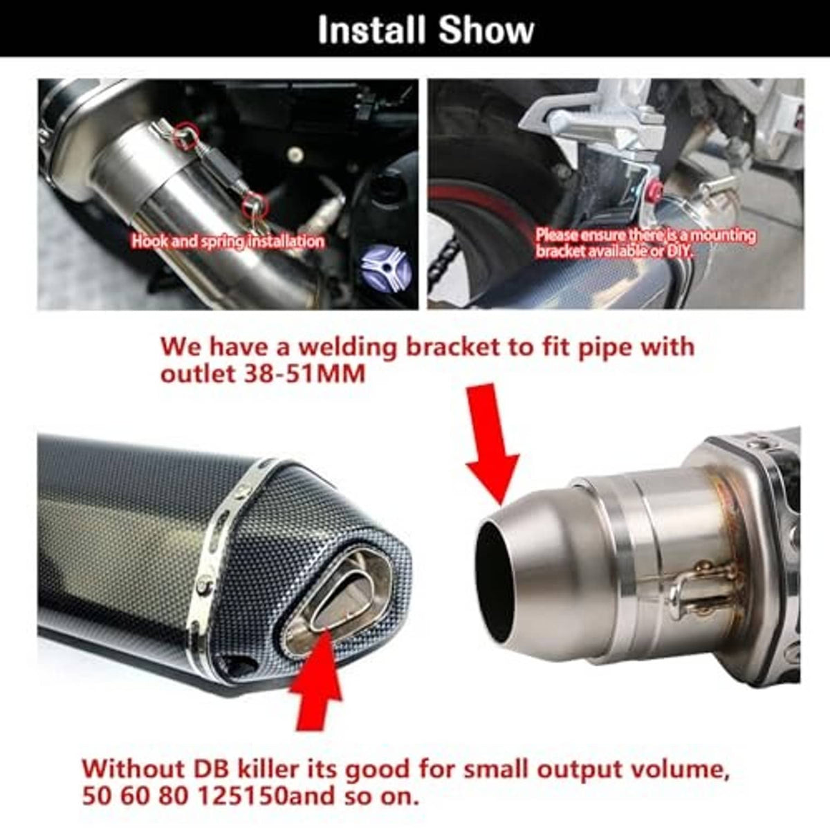 Exhaust muffler install diagram showing welding bracket and removal/DB killer notes