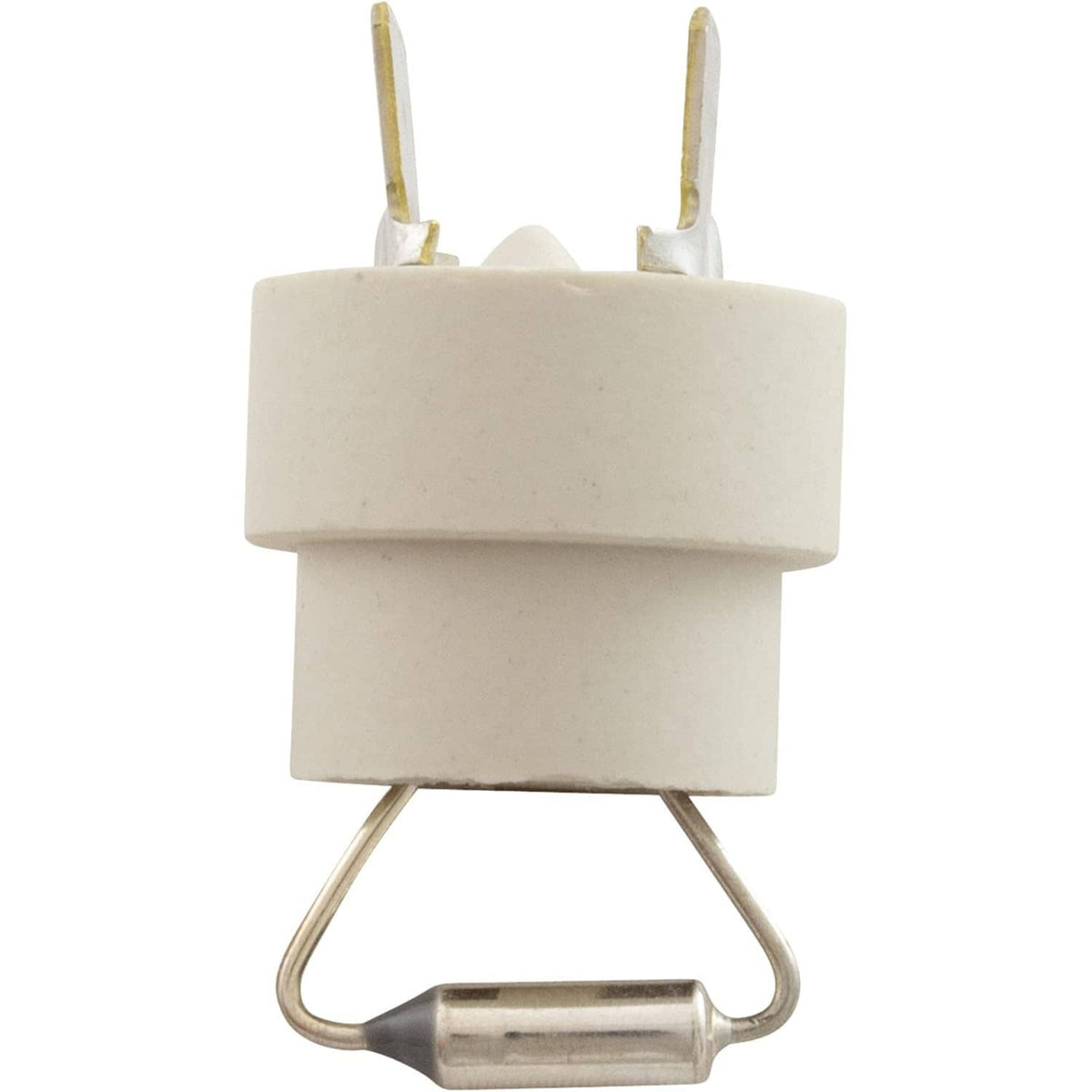 White thermal cut-off fuse with two top prongs and spring wire mounting clip