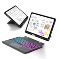 Tablet keyboard case with rainbow backlit detachable keyboard, tablet in stand view
