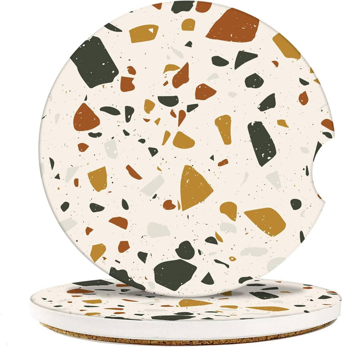 2-pack round terrazzo ceramic coasters, dark green and gold speckles, stacked pair