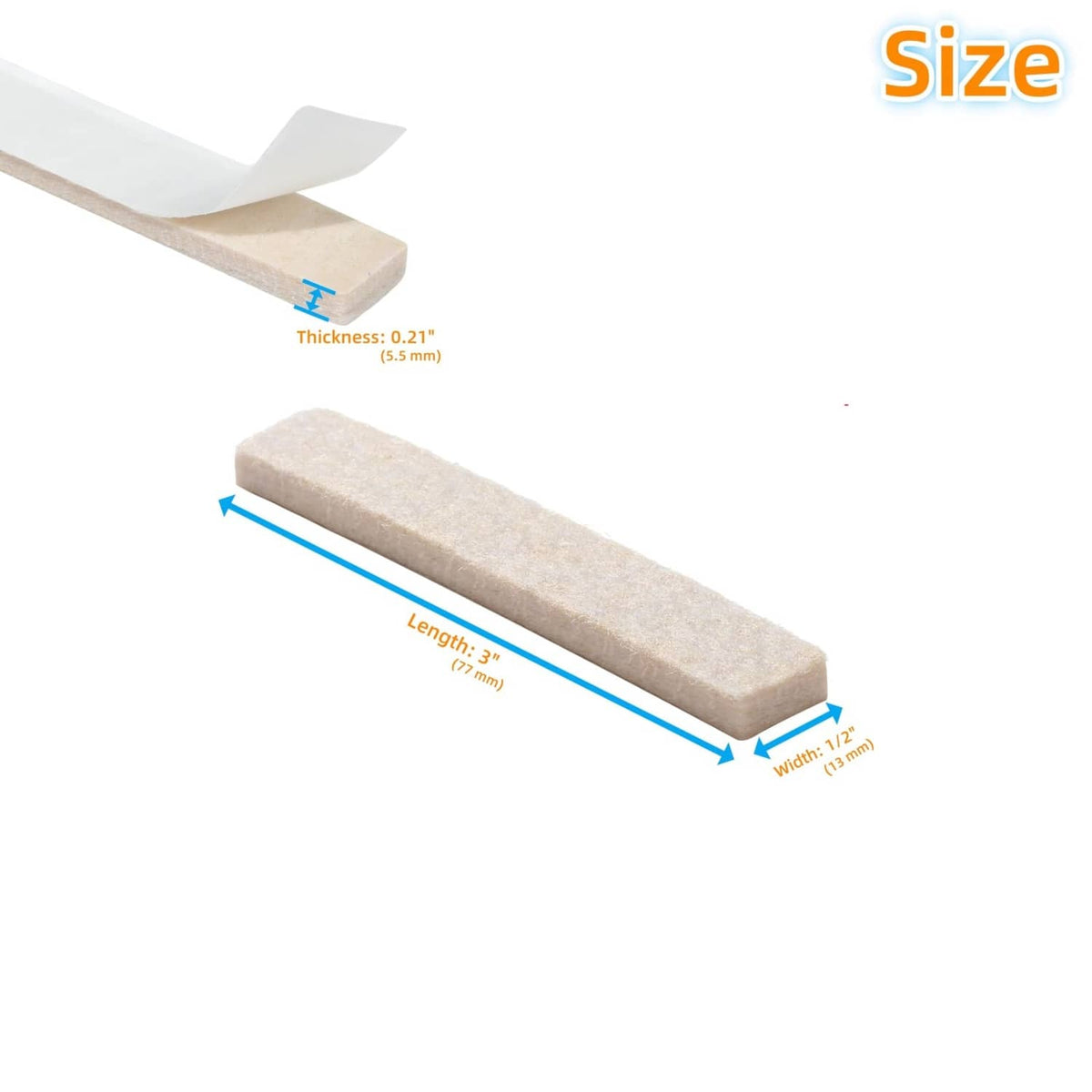 Beige rectangular felt adhesive pad, shown with thickness and size arrows