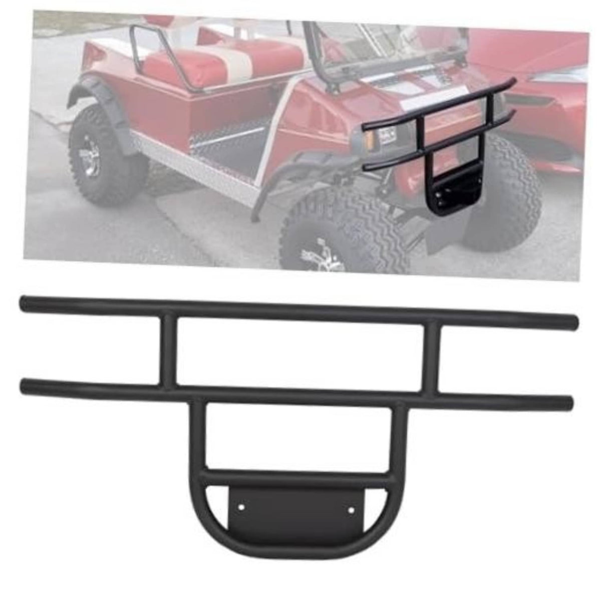 Front brush guard bumper, black tubular frame with headlight mounts
