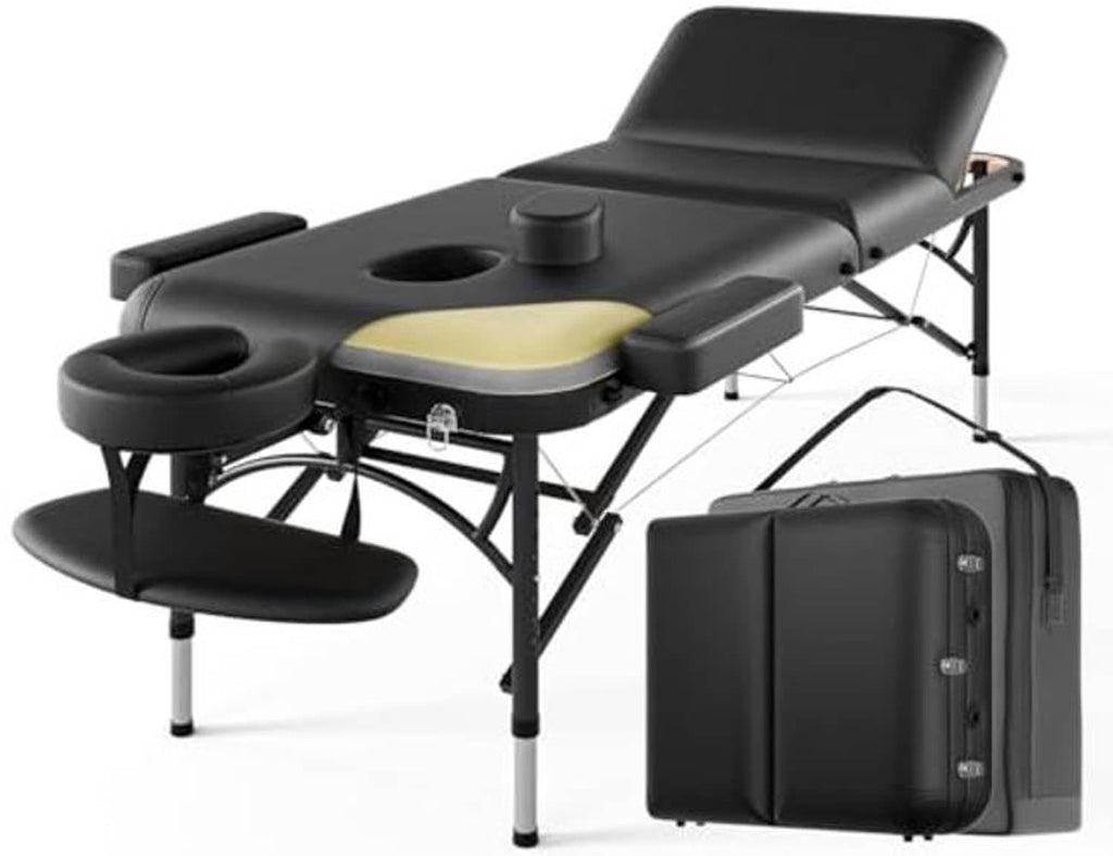 Portable massage table with black cushioned 3-section design, adjustable headrest and side arms