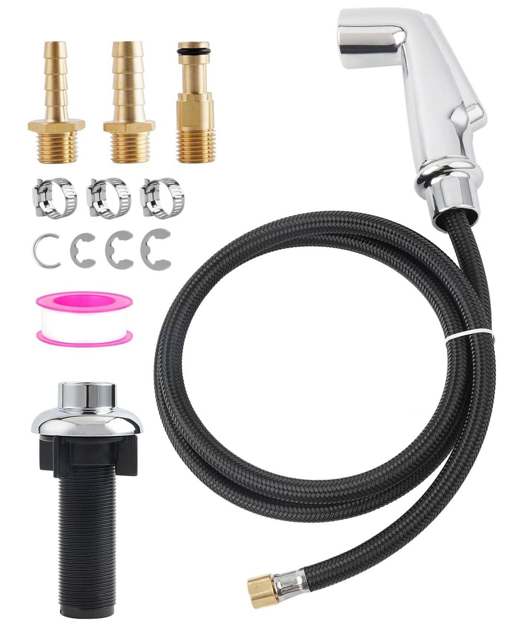 Chrome sink side sprayer attachment with black braided hose and universal faucet adapters