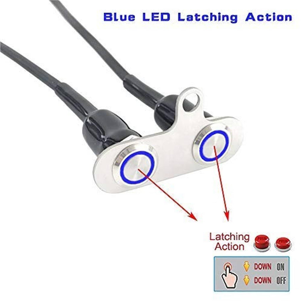 LED latching ON-OFF switch with two blue illuminated buttons on metal bracket