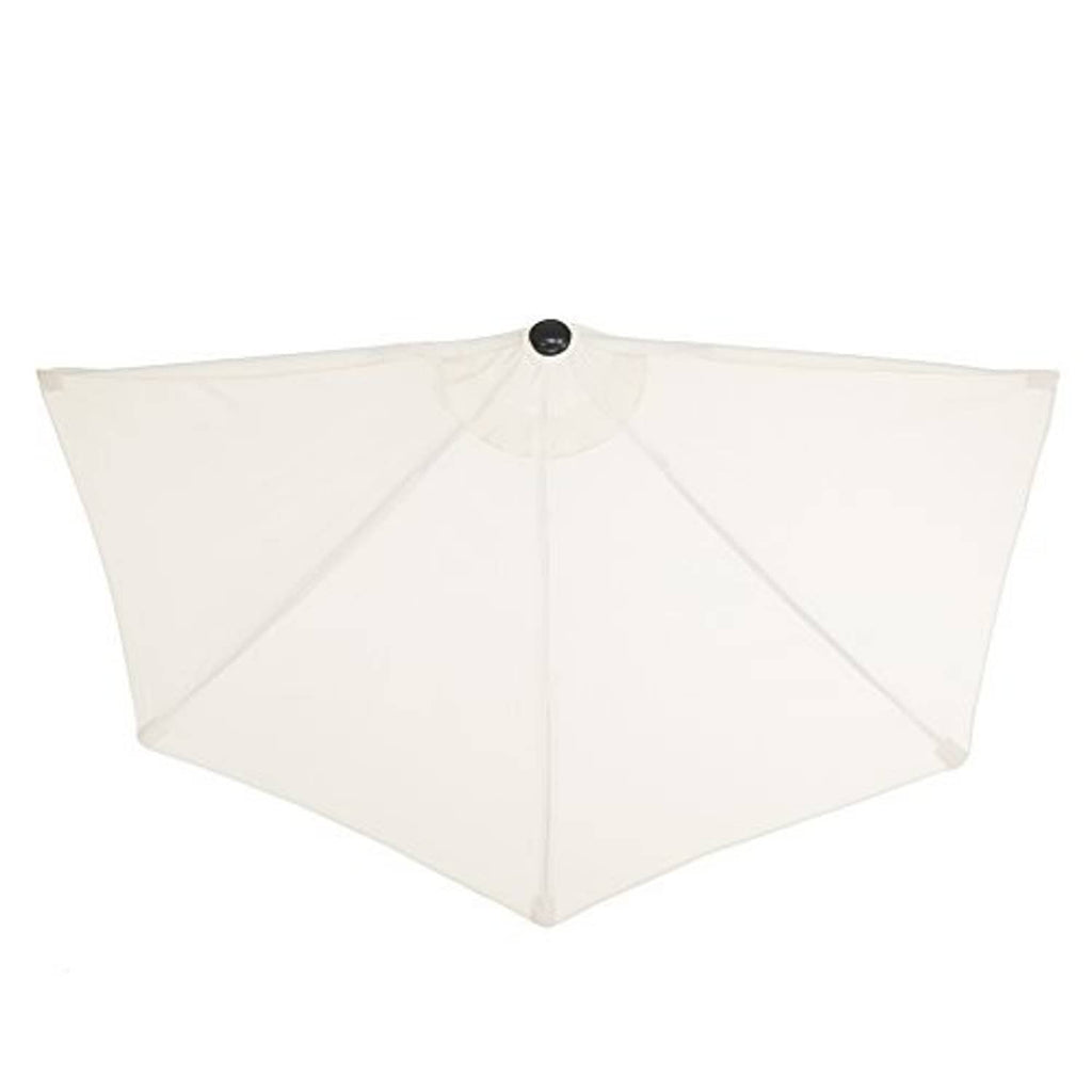 Tan half-round patio umbrella canopy with central finial and vented panels