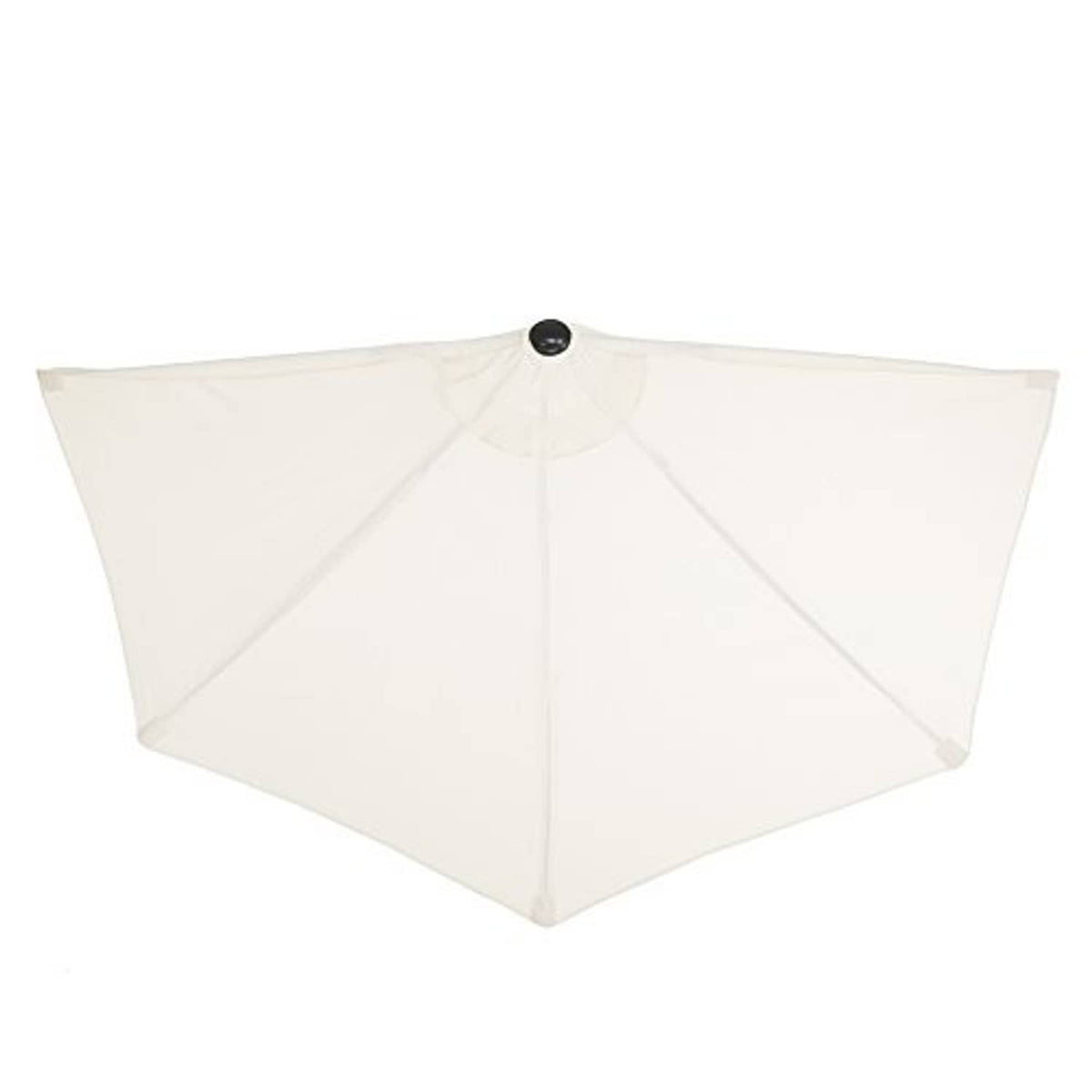 Tan half-round patio umbrella canopy with central finial and vented panels