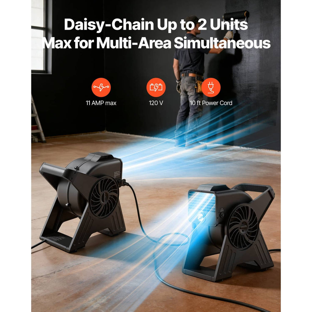 Two black portable utility fans on stands connected for multi-area airflow