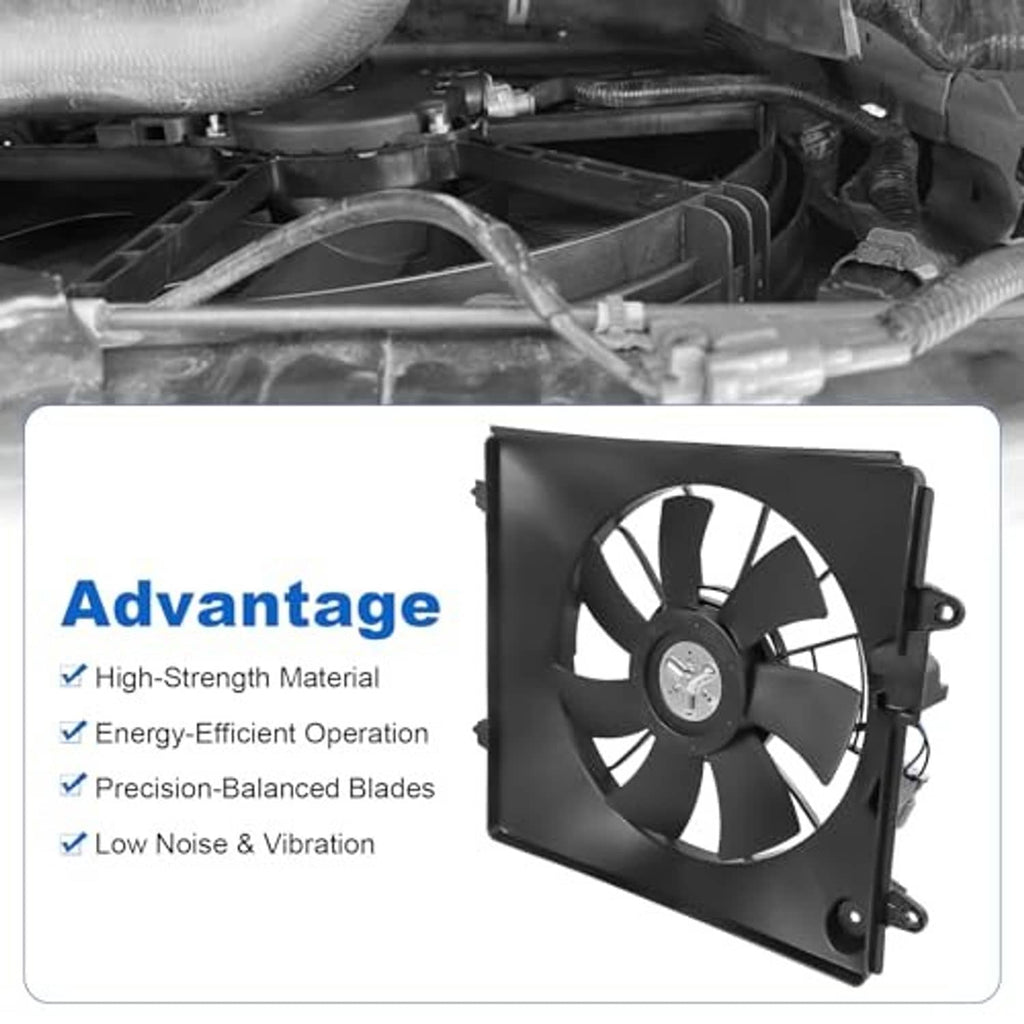 Angled view of engine radiator cooling fan assembly with black shroud and 8-blade fan