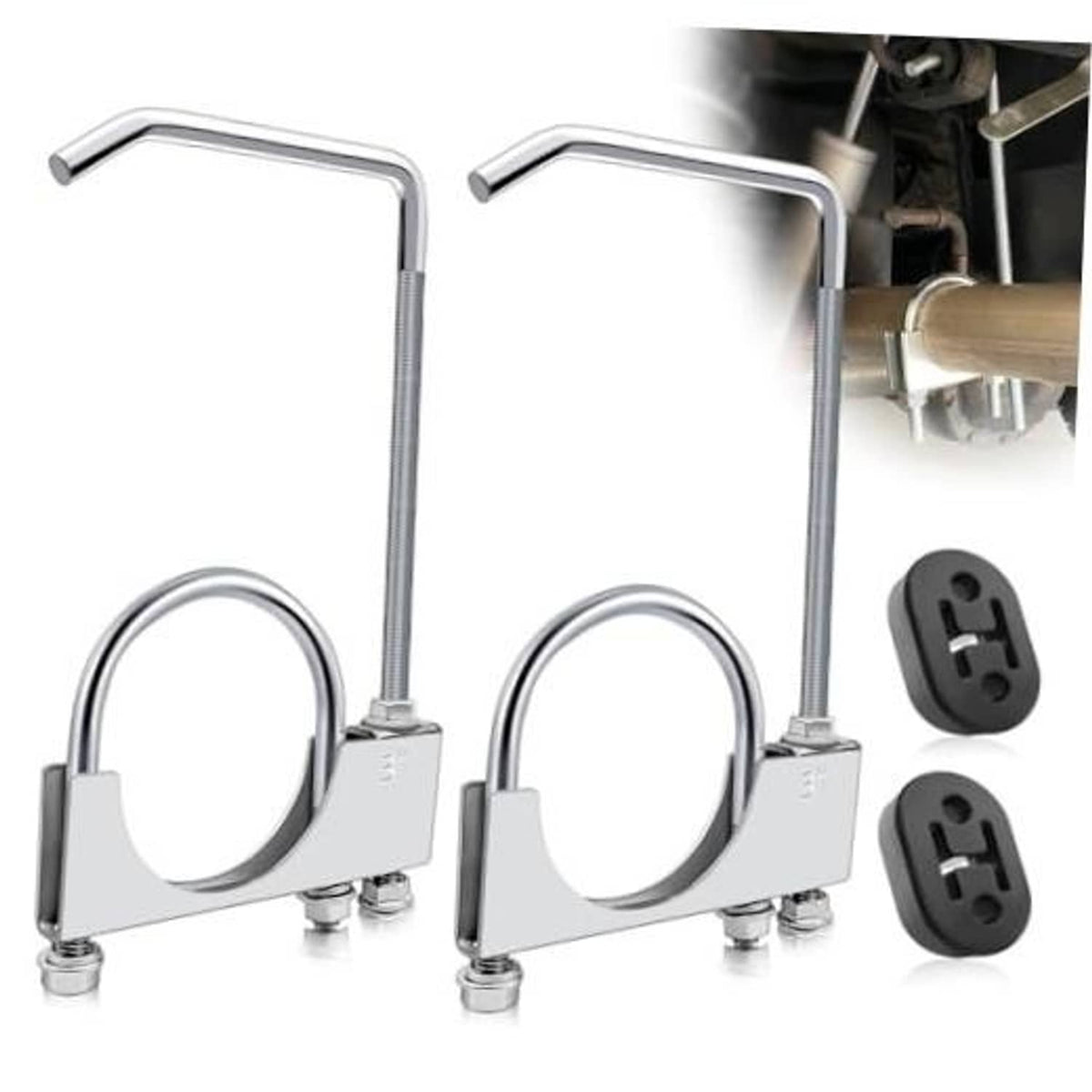 Universal 3-inch exhaust clamp set with two silver hanger brackets and loop hooks