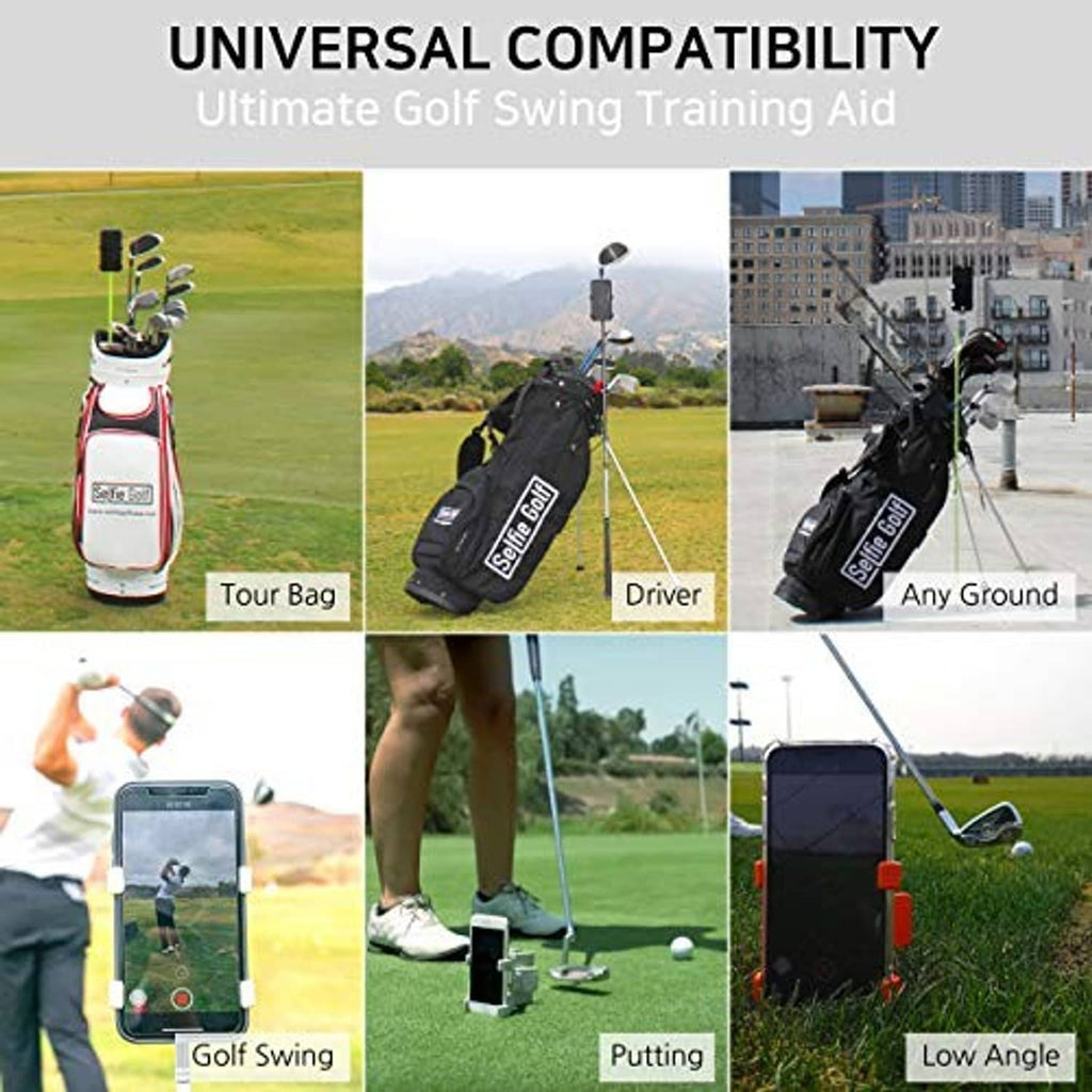 Golf swing recording phone holder kit with tripod stand and bag-mounted clip