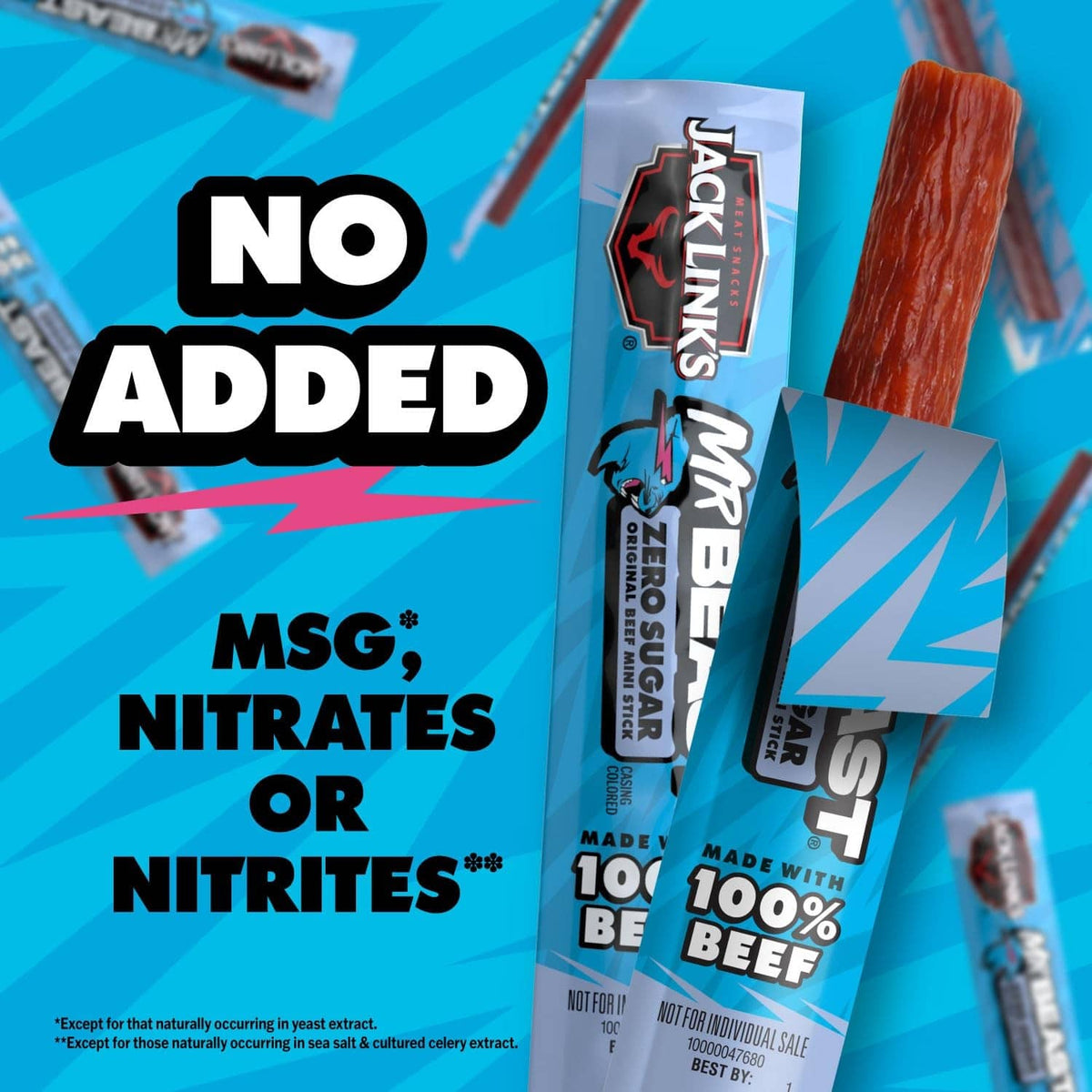 Zero sugar beef mini sticks pack with 'No added MSG; nitrates or nitrites' claim