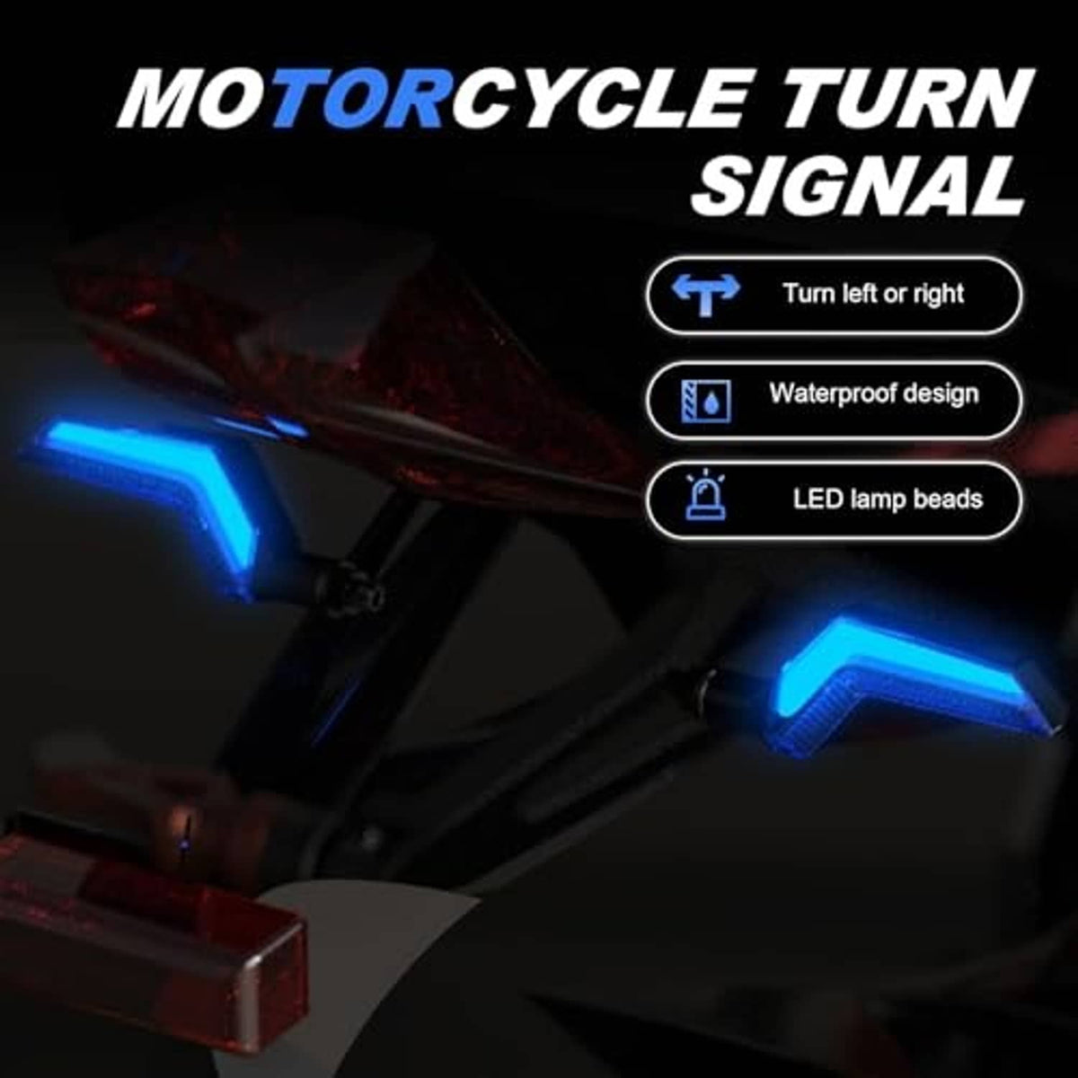 LED motorcycle turn signal lights with blue glow and clear lens, dual-color style