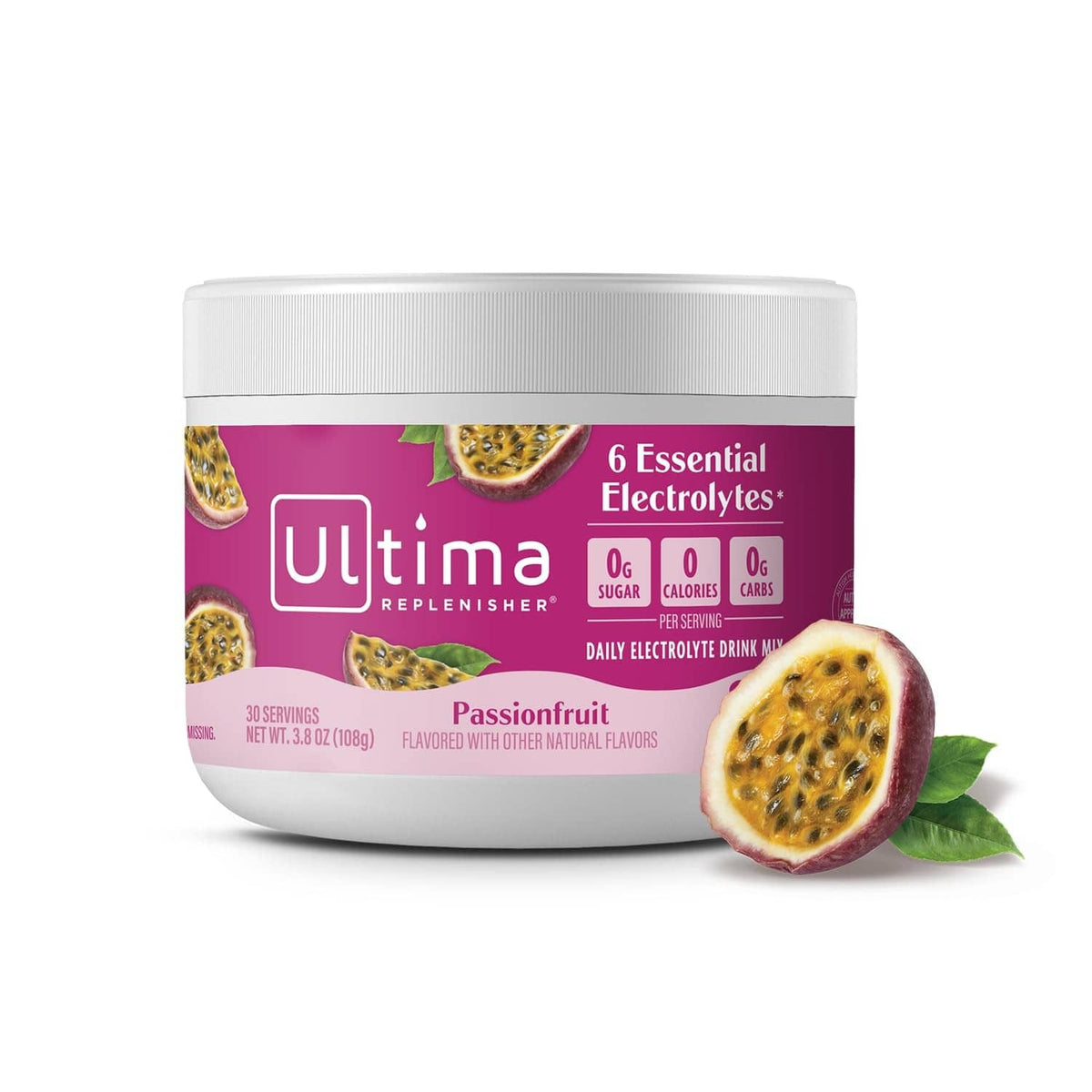 Passionfruit electrolyte powder tub with white lid and purple Ultima Replenisher label