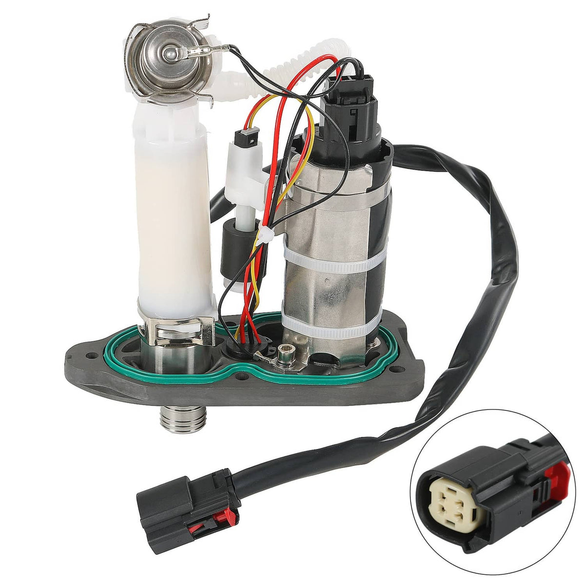 In-tank fuel pump module assembly with white housing, metal strainer, and electrical wiring