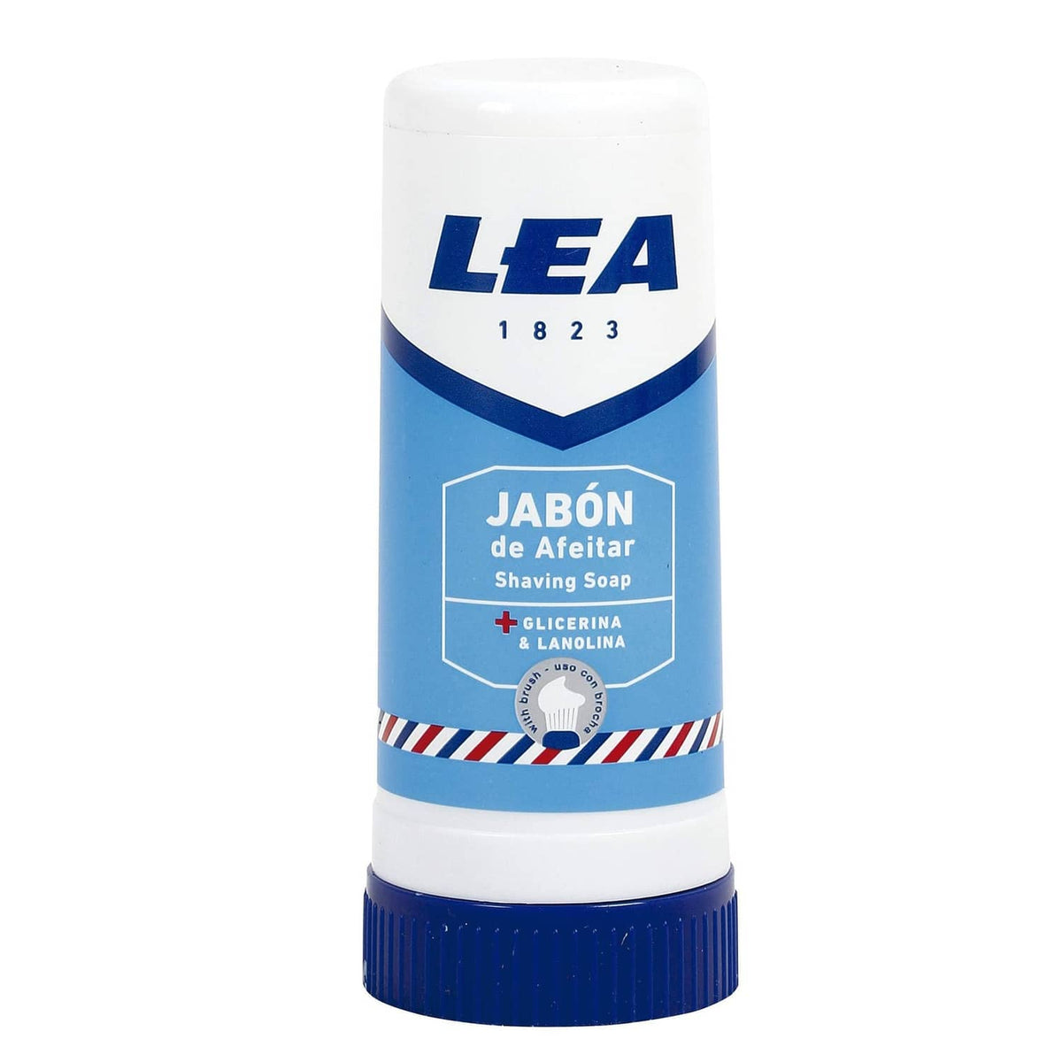 LEA original shaving soap stick in blue-and-white tube, ridged base and cap