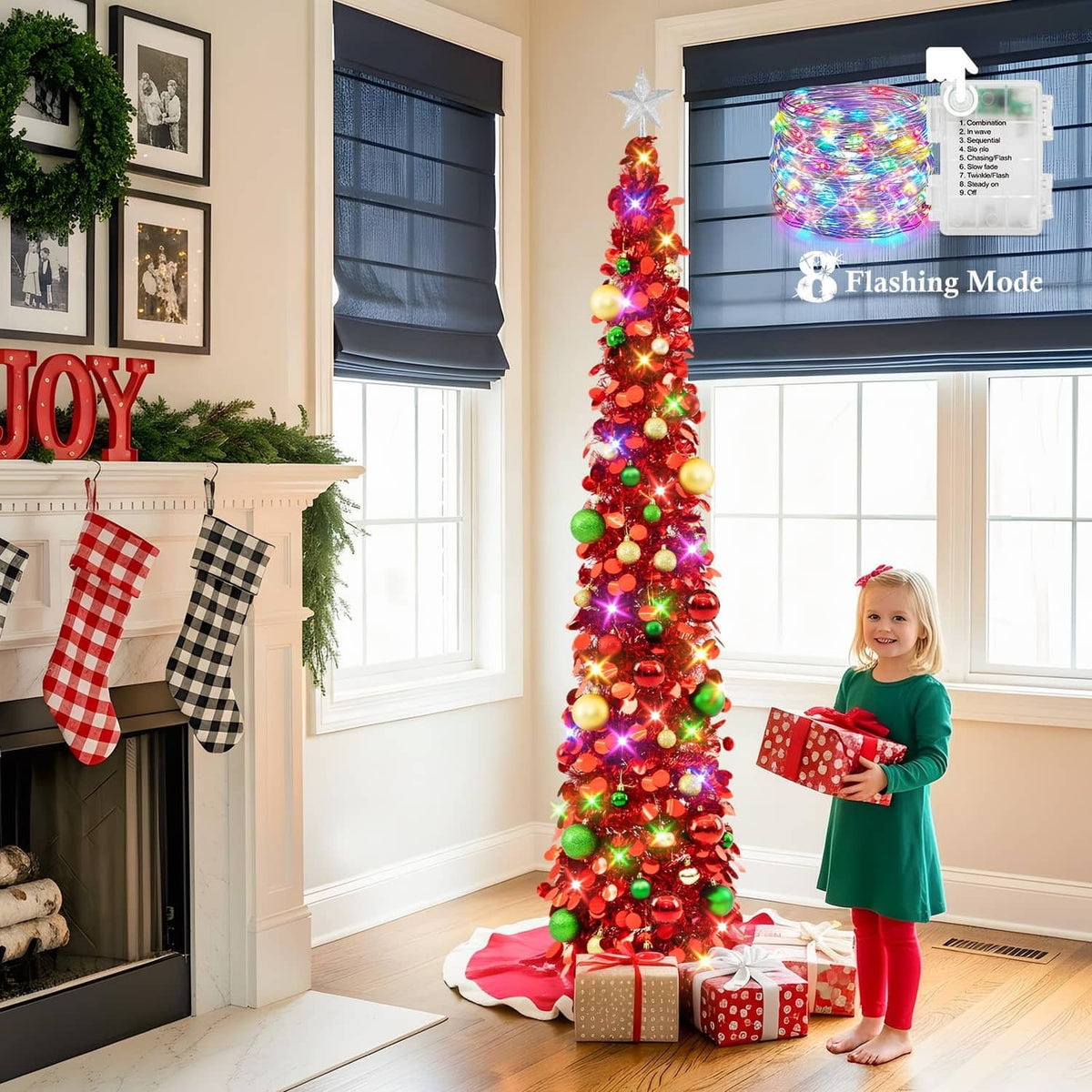 Red 6ft pop-up Christmas tree with colorful LED lights and round ornaments, star topper on top.