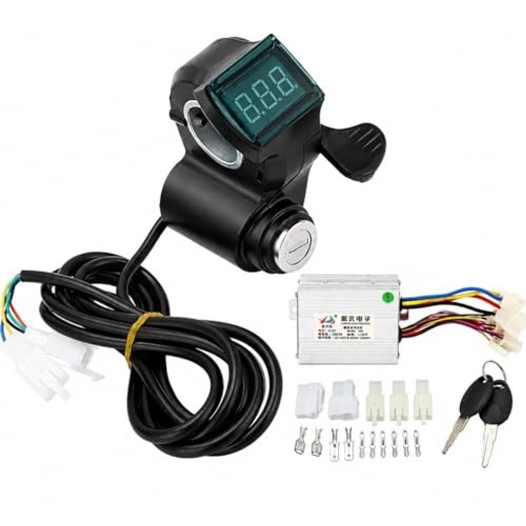 E-bike motor controller kit with thumb throttle LCD, controller box, keys, and connector parts