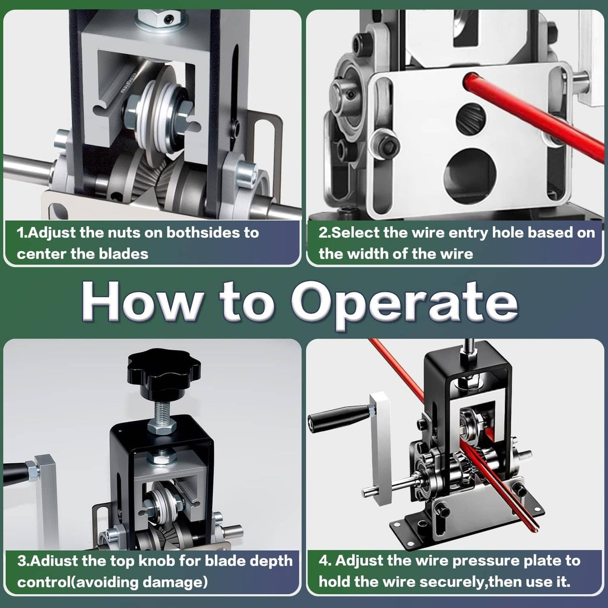 Wire stripping machine close-up showing adjustable wire entry and blade depth knob
