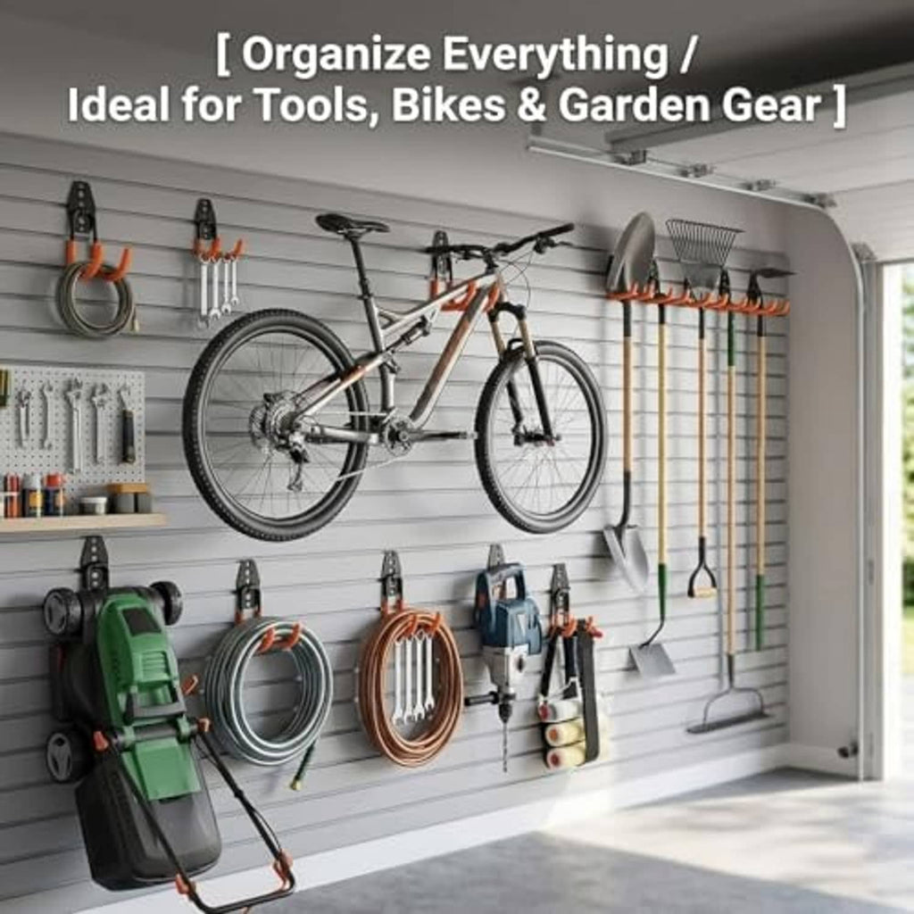 Garage wall hook set for organizing, black brackets with orange anti-slip hook ends