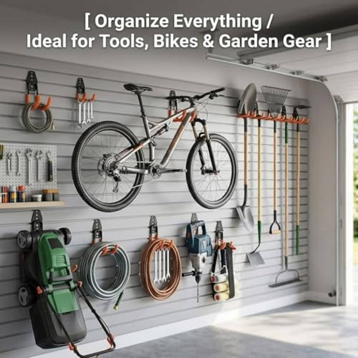 Garage wall hook set for organizing, black brackets with orange anti-slip hook ends