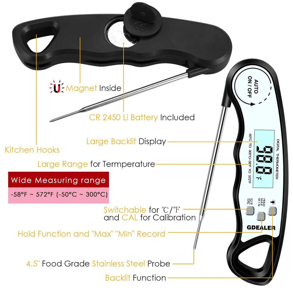 GDEALER instant-read meat thermometer with magnet back, kitchen hook, stainless probe