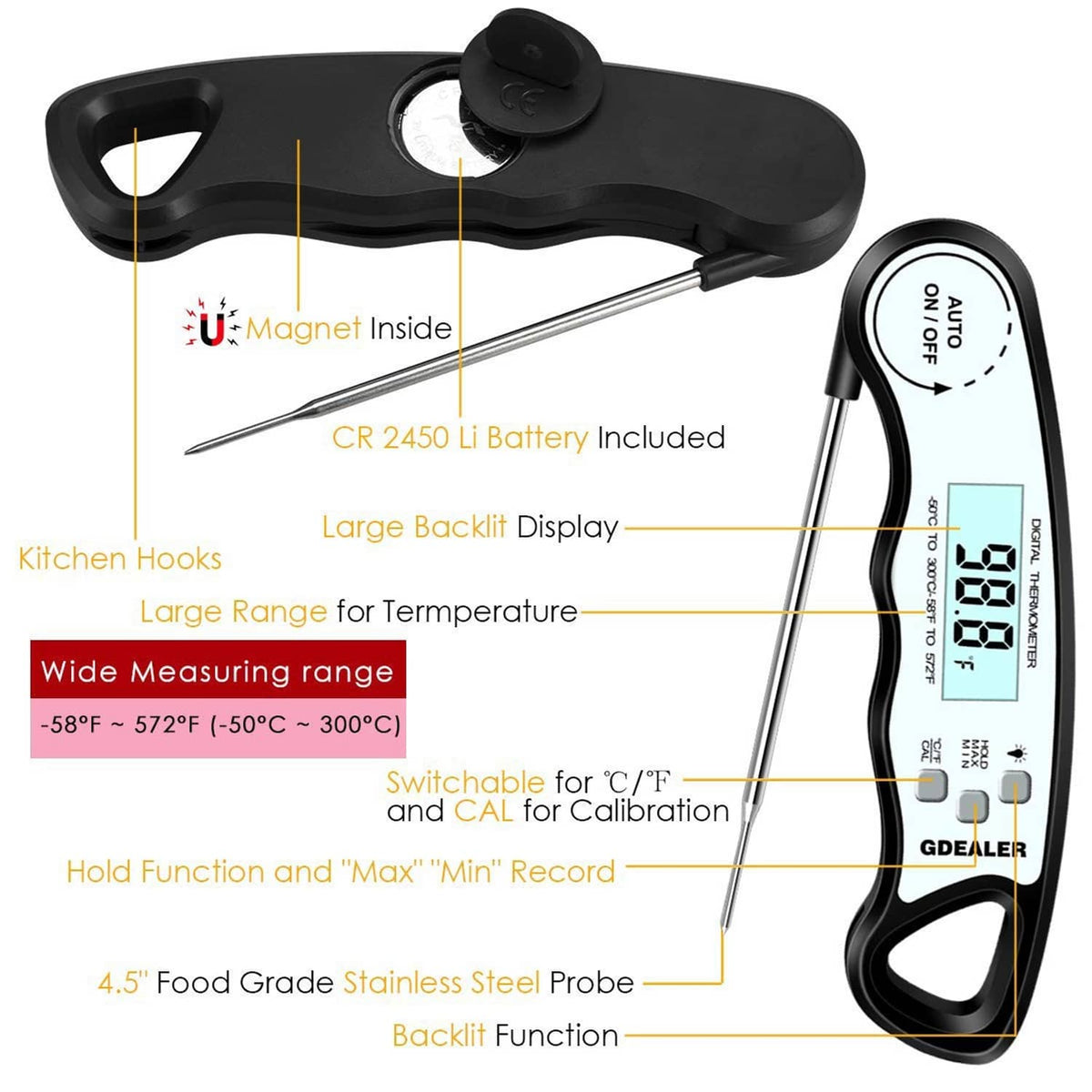 GDEALER instant-read meat thermometer with magnet back, kitchen hook, stainless probe