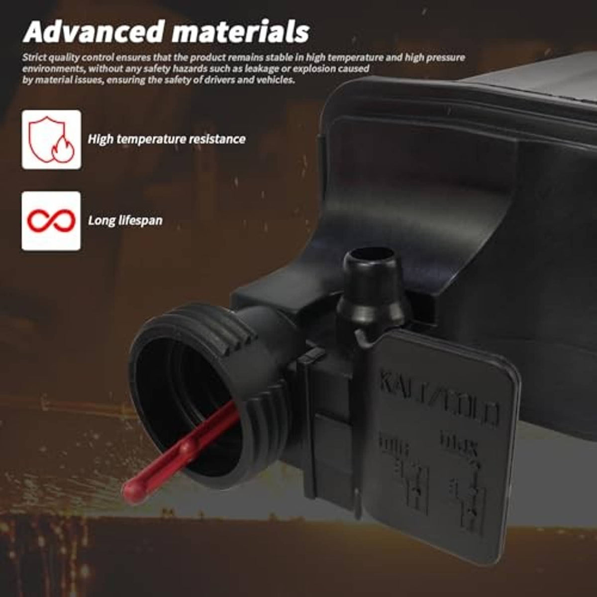 Black engine coolant reservoir tank with vent outlet and sensor cap