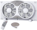 White window fan with twin circular blades, control panel, and included remote