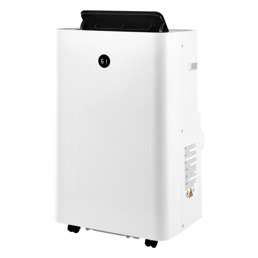 White portable air conditioner/heater with black top and wheels