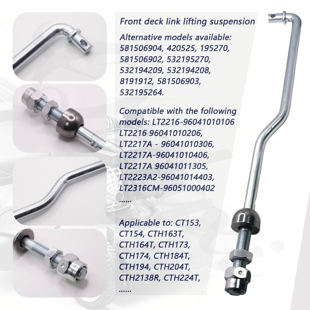 Front deck lift suspension link with threaded bolt and matching washers and clips